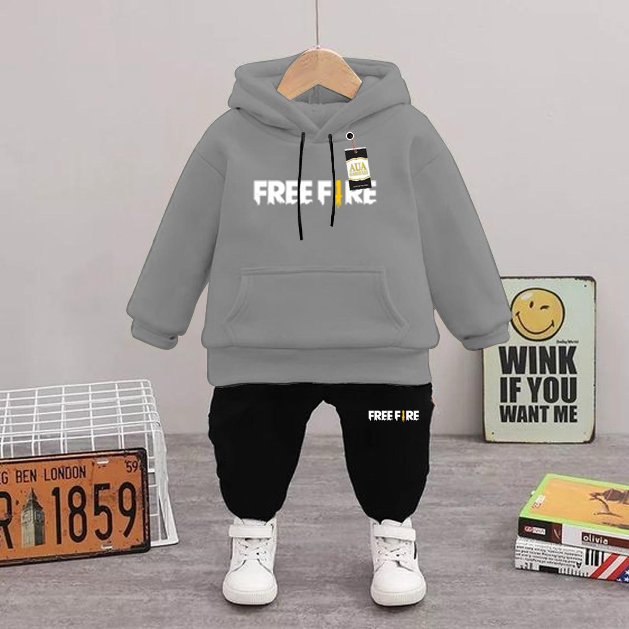 DARK GREY FREE FIRE Printed Kid's Tracksuit Set with Hoodie and Trousers (1-10 Years)