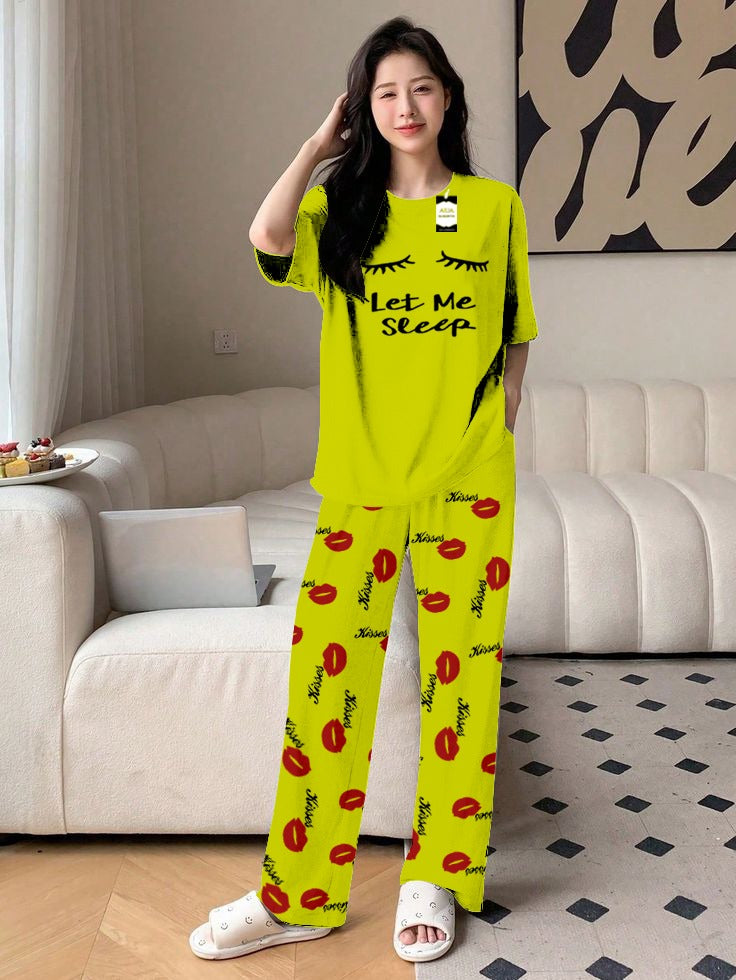 Green Let Me Sleep Printed Nightwear Set With Kiss Printed Trousers – Women's Lounge Wear (014)
