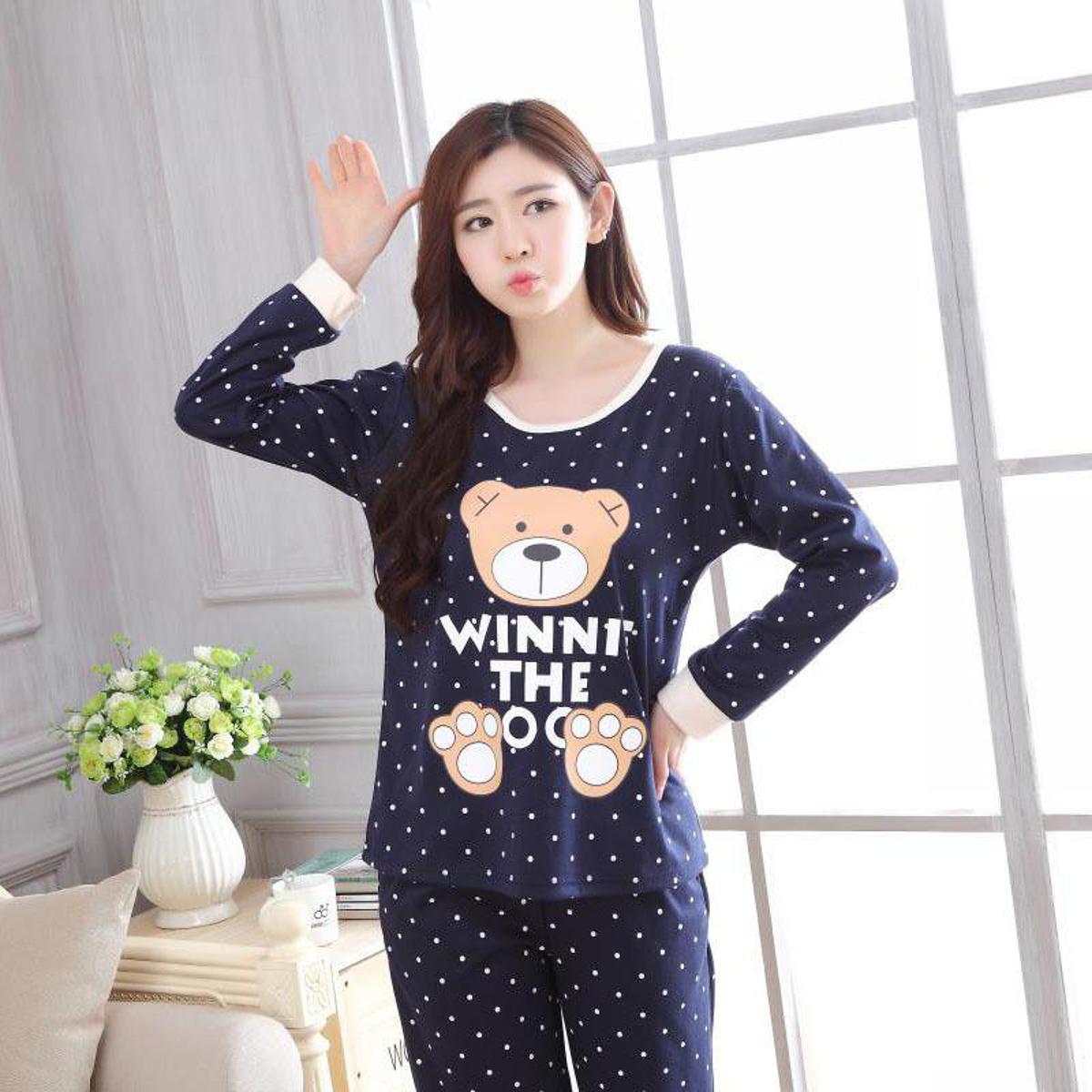 Blue Colour WINNIE Bear Printed Deisgn Full Sleeves Round Neck Ladies Night Suit