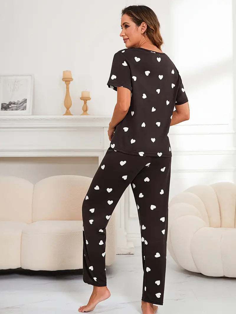 Cute Heart Printed Women's Nightwear Set – T-Shirt & Pajama Sleepwear for Girls and Women, Loungewear & Nightdress