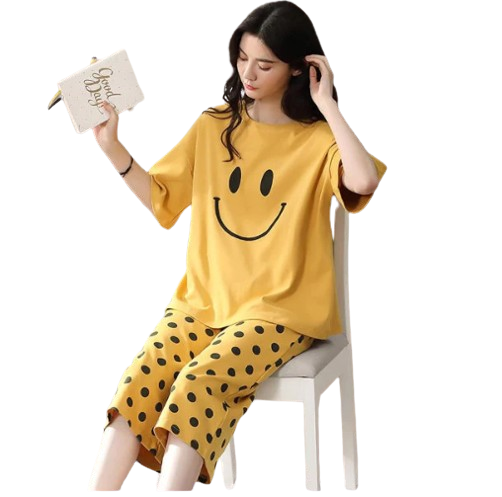 Yellow Colour Black Eye Printed Deisgn Full Sleeves Round Neck Ladies Night Suit comfortable pajama suit printed night dress for women and girls