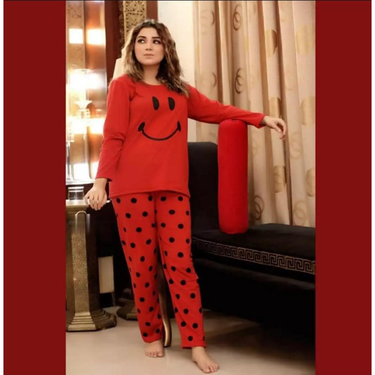 Red Colour Smile Printed Design Stylish Full Sleeves Round Neck T-Shirt and Pajama Night Suit For Ladies Women and Girls