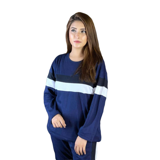 Blue Colour Printed Design Stylish Full Sleeves Round Neck T-Shirt and Pajama Suit For Ladies Women and Girls