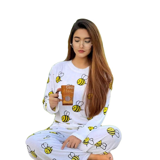 Yellow Color Honey Pee’s Printed Design Sleeves T-Shirt and Pajama Sleep Wear Whole Ladies Night Suit For Girls and Women’s Classic Design