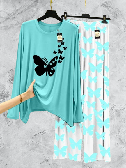 Sky Blue Flying Butterflies Printed Nightwear Set with Butterfly Printed Trousers – Women's Lounge Wear (003)