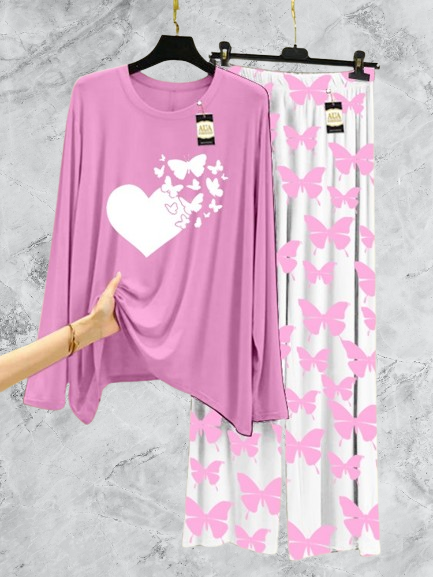 Baby Pink Butterfly Heart Printed Nightwear Set with Butterfly Printed Trousers – Women's Lounge Wear (003)