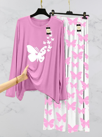 Baby Pink Flying Butterflies Printed Nightwear Set with Butterfly Printed Trousers – Women's Lounge Wear (003)