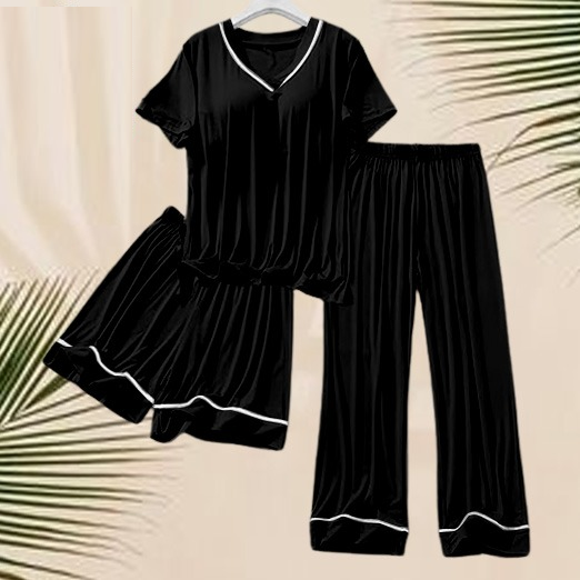 3-Piece Silk Nightwear Set for Women with Elegant White Borders Black