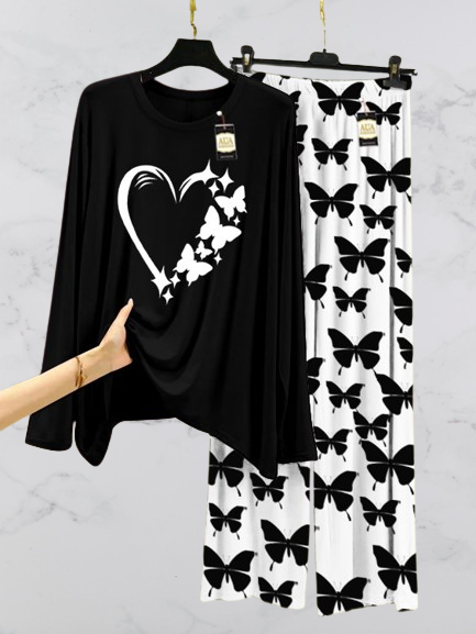 Black Women Heart Printed Nightwear Set with Butterfly Printed Trousers – Women's Lounge Wear (003)