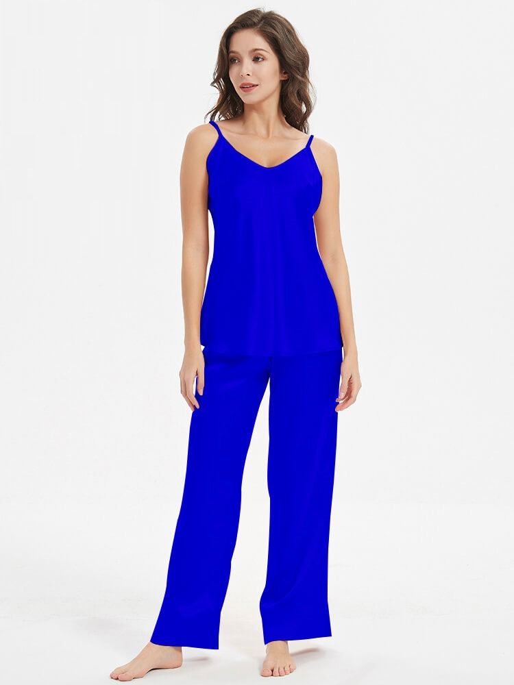 Sleeveless Silk Nighty Comfortable Cami Pajama Set Blue