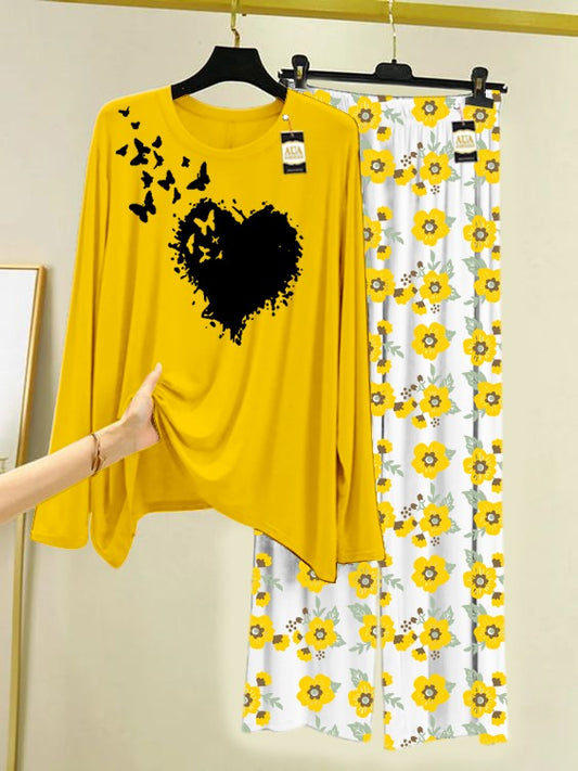 Yellow Butterfly Heart Printed Nightwear Set with Flower Printed Trousers – Women's Lounge Wear (005)