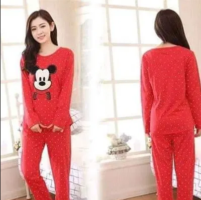 Red Mickey MouseFunny Cartoon Printed Design Stylish Full Sleeves Round Neck T-Shirt and Pajama Sexy Night Suit