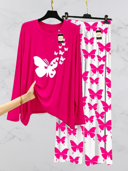 Dark Pink Flying Butterflies Printed Nightwear Set with Butterfly Printed Trousers – Women's Lounge Wear (003)