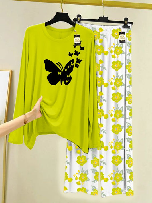 Light Green Flying Butterflies Printed Nightwear Set with Flower Printed Trousers – Women's Lounge Wear (005)