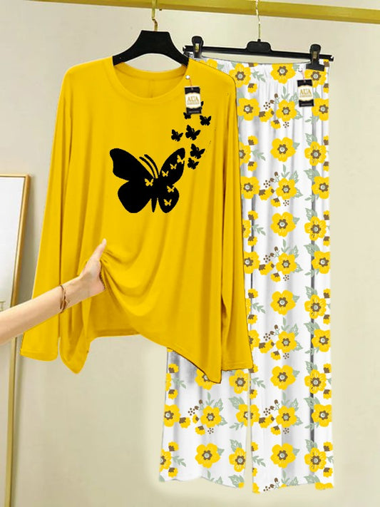 Yellow Flying Butterflies  Printed Nightwear Set with Flower Printed Trousers – Women's Lounge Wear (005)