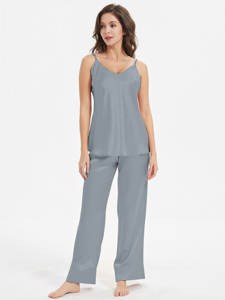 Sleeveless Silk Nighty Comfortable Cami Pajama Set Grey