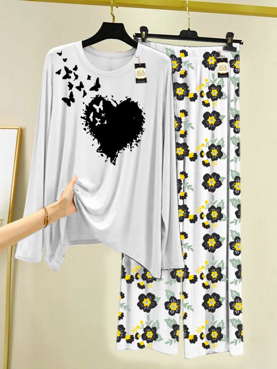 White Butterfly Heart Printed Nightwear Set with Flower Printed Trousers – Women's Lounge Wear (005)