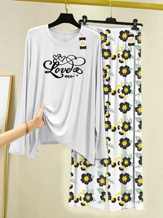 White Love Heart Printed Nightwear Set with Flower Printed Trousers – Women's Lounge Wear (005)