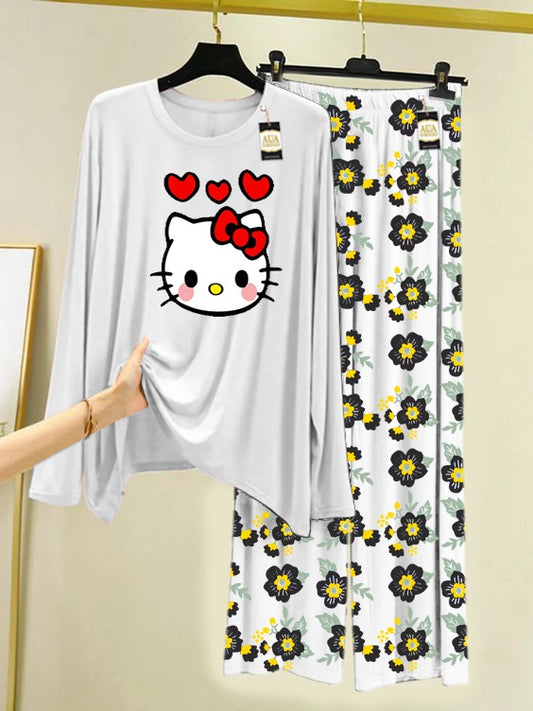 White Hello Kitty Printed Nightwear Set with Flower Printed Trousers – Women's Lounge Wear (005)