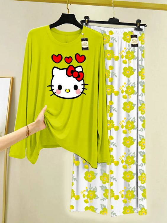 Light Green Hello kitty Printed Nightwear Set with Flower Printed Trousers – Women's Lounge Wear (005)