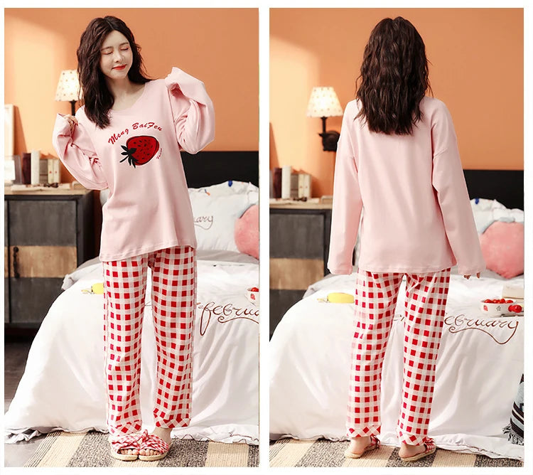 Pink Cute Women Pajamas Set Long Sleeve Sleepwear Two Piece Set Leisure