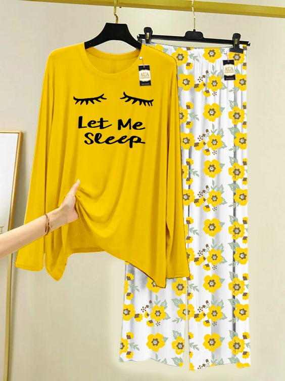 Yellow Let Me Sleep Printed Nightwear Set with Flower Printed Trousers – Women's Lounge Wear (005)