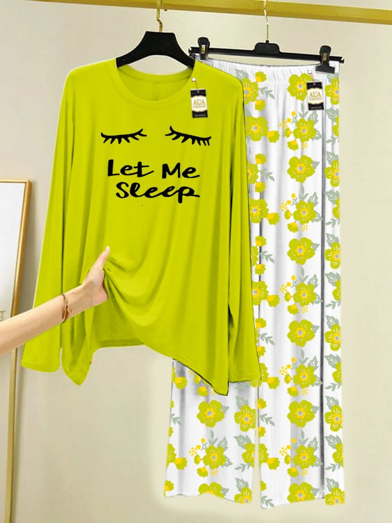 Light Green Let Me Sleep Printed Nightwear Set with Flower Printed Trousers – Women's Lounge Wear (005)