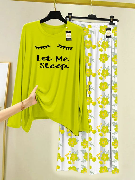 Light Green Let Me Sleep Printed Nightwear Set with Flower Printed Trousers – Women's Lounge Wear (005)