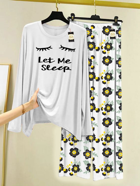 White Let Me Sleep Printed Nightwear Set with Flower Printed Trousers – Women's Lounge Wear (005)