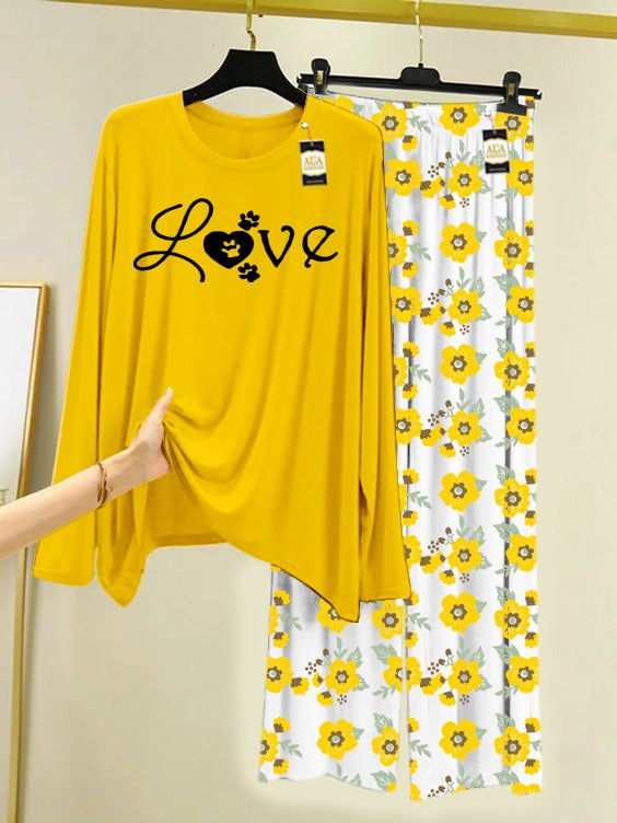 Yellow Love Printed Nightwear Set with Flower Printed Trousers – Women's Lounge Wear (005)