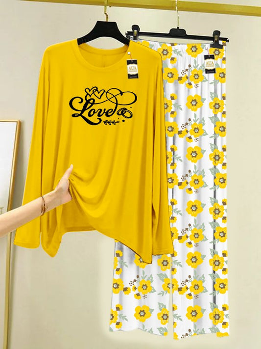 Yellow Love Heart Printed Nightwear Set with Flower Printed Trousers – Women's Lounge Wear (005)