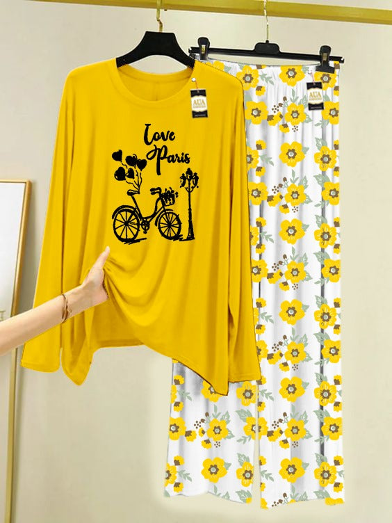 Yellow Love Paris Printed Nightwear Set with Flower Printed Trousers – Women's Lounge Wear (005)