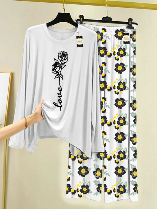 White Love Rose Printed Nightwear Set with Flower Printed Trousers – Women's Lounge Wear (005)