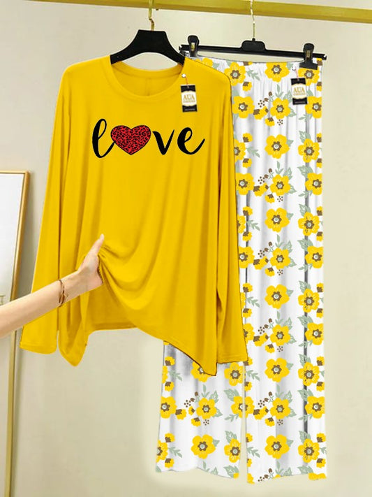 Yellow Red Heart Love Printed Nightwear Set with Flower Printed Trousers – Women's Lounge Wear (005)