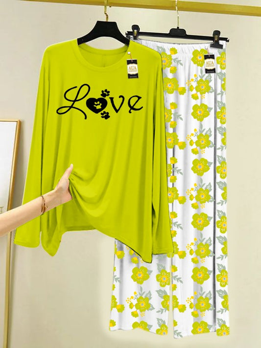 Light Green Love Printed Nightwear Set with Flower Printed Trousers – Women's Lounge Wear (005)