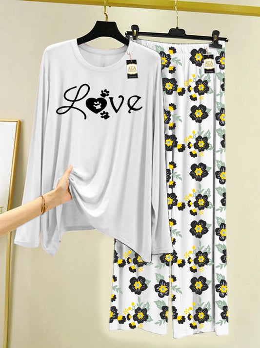 White Love Printed Nightwear Set with Flower Printed Trousers – Women's Lounge Wear (005)