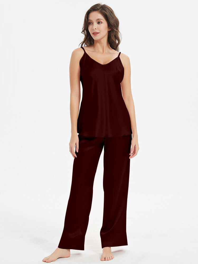 Sleeveless Silk Nighty Comfortable Cami Pajama Set Maroon