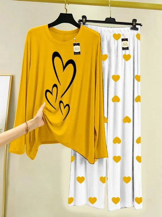 Mustard Multi Heart Mini Heart Printed Trouser (001)