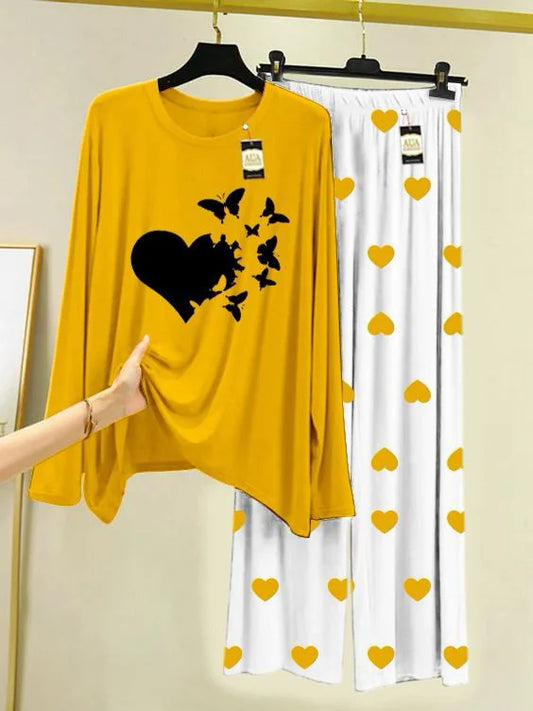 Mustard Flyinig Butterflies Heart  Mini Heart Printed Trouser (001)