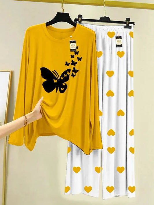 Mustard Flyinig Butterflies Mini Heart Printed Trouser (001)