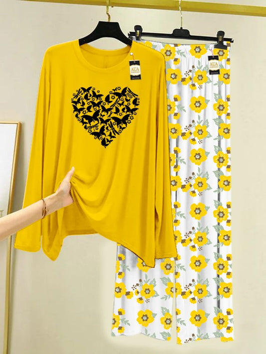 Yellow New Heart Printed Nightwear Set with Flower Printed Trousers – Women's Lounge Wear (005)