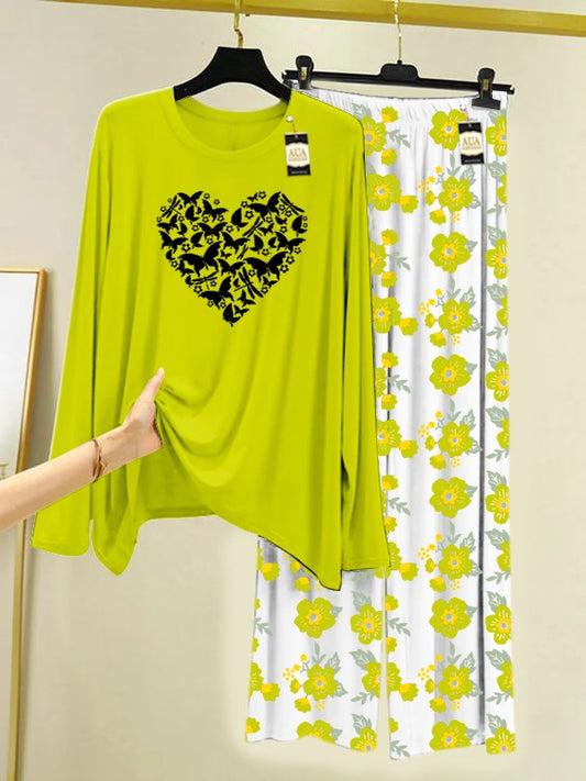 Light Green New Heart Printed Nightwear Set with Flower Printed Trousers – Women's Lounge Wear (005)