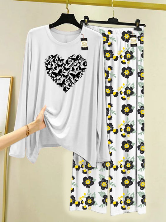 White New Heart Printed Nightwear Set with Flower Printed Trousers – Women's Lounge Wear (005)