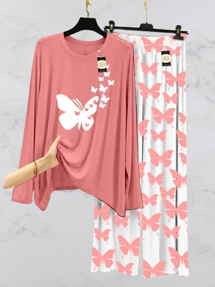 Peach Flying Butterflies Printed Nightwear Set with Butterfly Printed Trousers – Women's Lounge Wear (003)