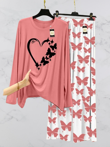 Peach Women Heart Printed Nightwear Set with Butterfly Printed Trousers – Women's Lounge Wear (003)