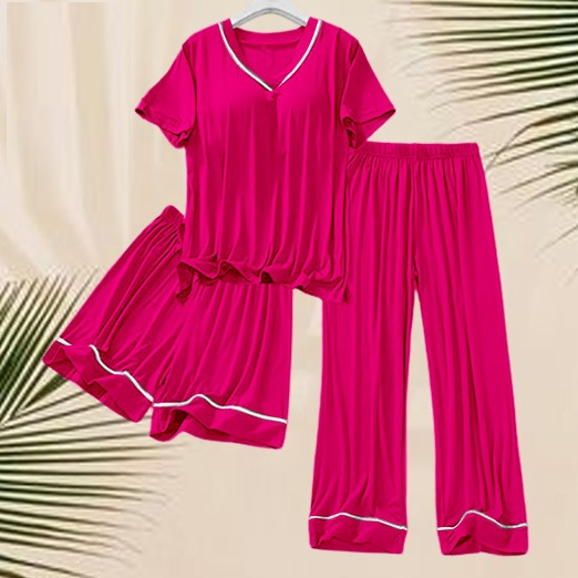 3-Piece Silk Nightwear Set for Women with Elegant White Borders Pink