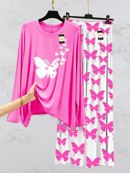 Pink Flying Butterflies Printed Nightwear Set with Butterfly Printed Trousers – Women's Lounge Wear (003)