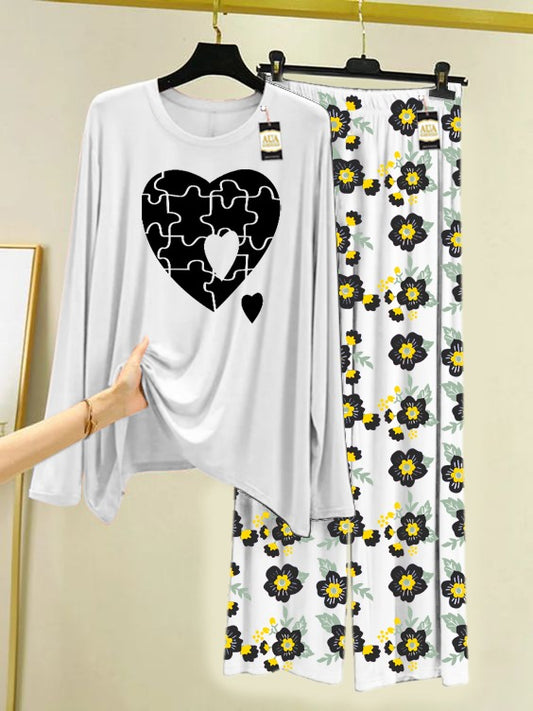 White Puzzle Heart Printed Nightwear Set with Flower Printed Trousers – Women's Lounge Wear (005)