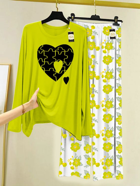 Light Green Puzzle Heart Printed Nightwear Set with Flower Printed Trousers – Women's Lounge Wear (005)