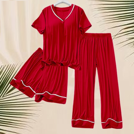 3-Piece Silk Nightwear Set for Women with Elegant White Borders Red